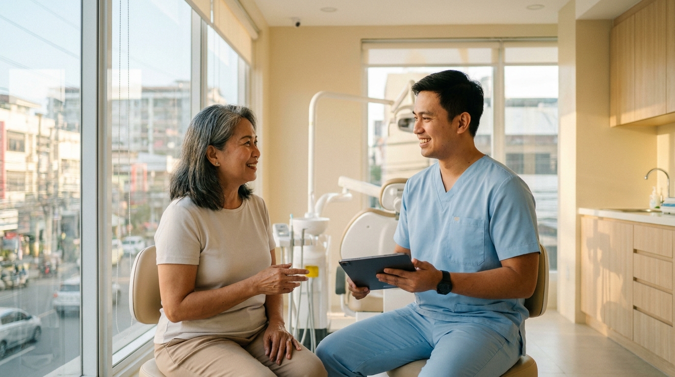Smiling patient in a modern Cebu dental clinic with a dentist beside them, warm daylight